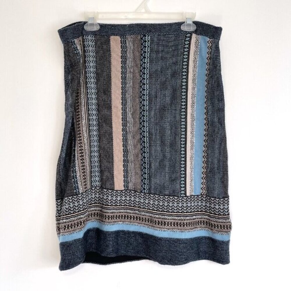 NIC+ZOE NIC ZOE Blue Black Striped Geo Pull On WOOL Midi Length Sweater Skirt M